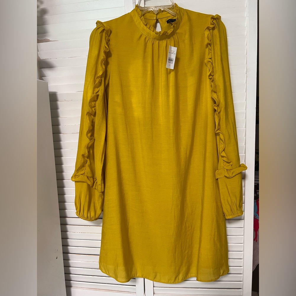 Ann Taylor Ruffled Long Sleeve Shift Dress - Mustard Light Fabric Small NWT
